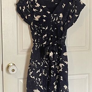 Closet London Navy and Cream Midi Dress Bird Print XL